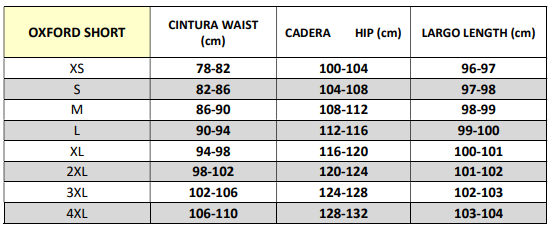 Tabla de medidas de cordura/oxfordShort