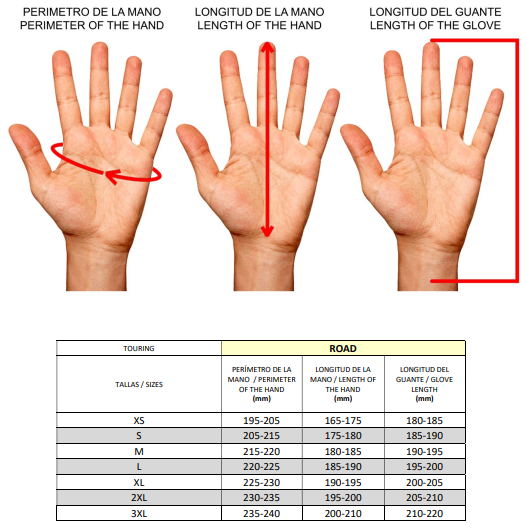 Tabla de medidas de guantes/road